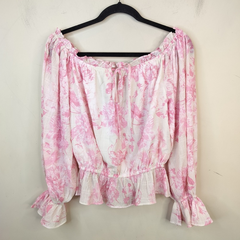 Lovecolette Pink Floral Top Womens Large Off Shoulder Ruffle Romantic Coquette